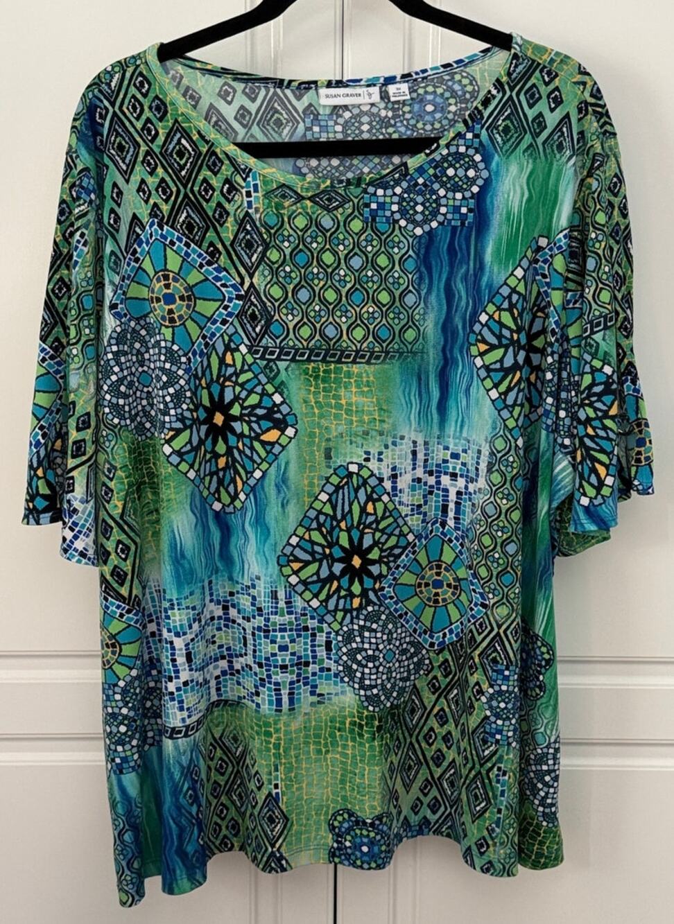 Susan Graver Mosaic Print Top with Open Sleeve Detail Size 3X